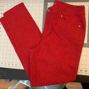 Red, lace-like pattern, jeggings by Chico’s, size 12R.